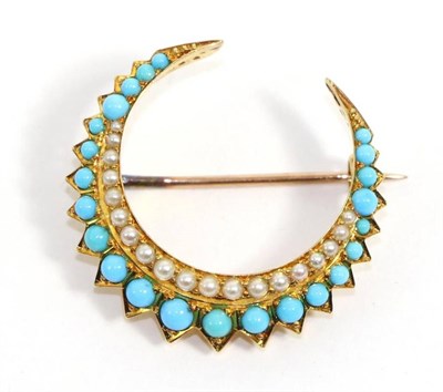 Lot 676 - A Victorian turquoise and seed pearl crescent brooch, graduated round cut turquoise with an...