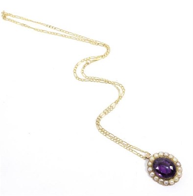 Lot 682 - An amethyst and pearl pendant on chain, an oval cut amethyst within a border of pearls in...