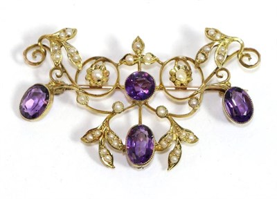 Lot 689 - An Art Nouveau amethyst and seed pearl brooch, a round cut amethyst and three oval cut amethyst...