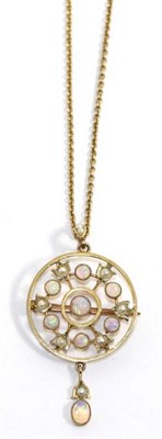 Lot 691 - An Art Nouveau opal and seed pearl brooch/pendant on chain, an openwork circular pendant set...