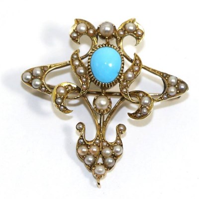 Lot 695 - An Art Nouveau turquoise and seed pearl brooch/pendant, an oval turquoise in a yellow milgrain...