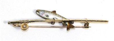 Lot 704 - An enamel novelty fishing brooch, by Alabaster & Wilson, modelled as a leaping fish to a rod with a