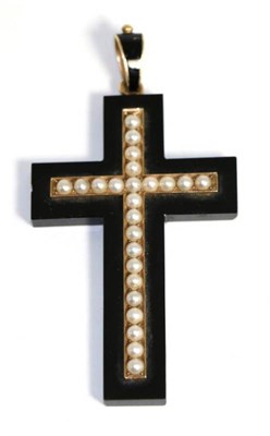 Lot 708 - An onyx, seed pearl and enamel mourning cross pendant, the onyx cross inset with seed pearls to...