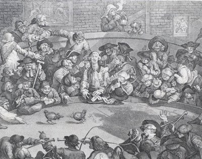 Lot 1031 - ~ William Hogarth (British, 1697-1764) The Cock Pit, engraving, sheet 355mm by 430mm   A 19th...