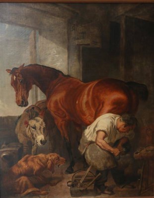 Lot 1104 - After Sir Edwin Henry Landseer (1802-1873) ";Shoeing"; oil on canvas, 121cm by 96cm