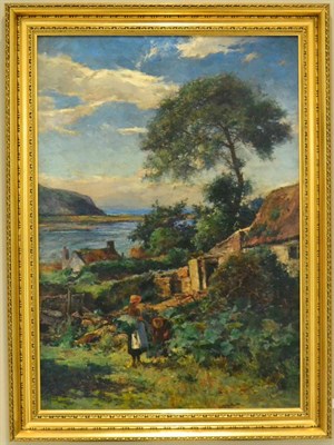 Lot 1108 - John Finnie (1829-1907) Figures collecting rhubarb before a cottage and coastline, signed, oil...