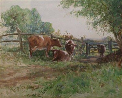 Lot 1115 - David Thomas Robertson (1879-1952) Cattle at pasture, signed, watercolour heightened with...