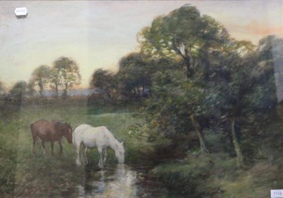 Lot 1116 - David Thomas Robertson (1879-1952) Horses drinking from a pond at sunset in a wooded landscape,...