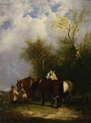 Lot 1118 - William Shayer (1787-1879) Figures and horses resting in a wooded landscape, signed, oil on canvas