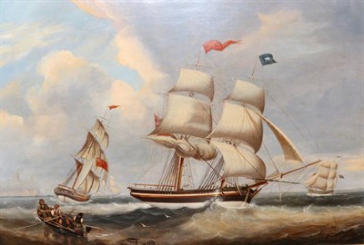 Lot 1124 - John Scott (1802-1885) Rowing boat before clipper ships at sea off the coast, signed and...