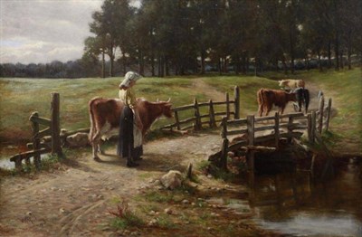 Lot 1126 - W.M Mackenzie (fl.1880-1908) Farm girl droving the cattle home, signed and dated 1877, oil on...