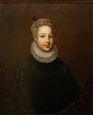 Lot 1128 - Manner of Pourbus (1569-1622) Portrait of a noble lady, half length, wearing a black satin doublet