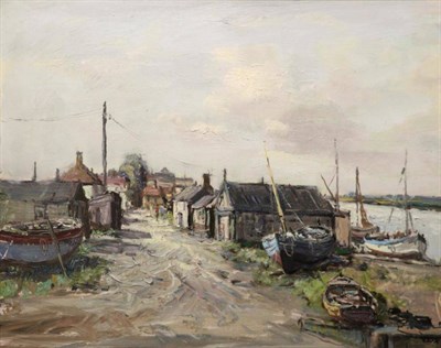 Lot 1132 - * Cox (20th Century) Fishing boats in dry dock, signed, oil on board, 59.5cm by 75.5cm