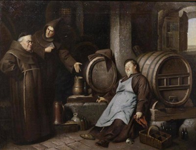 Lot 1135 - Johannes Burger (19th century) Monks in a cellar interior, signed and dated 1869, oil on...