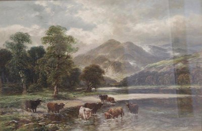 Lot 1148 - William Langley (1852-1922) Highland cattle in a mountainous landscape, oil on canvas, 48cm by 73cm