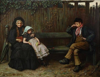 Lot 1149 - Lance Calkin ROI (1856-1936) Figures on a bench after a church service, signed, oil on canvas, 70cm