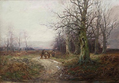 Lot 1157 - William Manners RBA (ex.1890-1920) Horse, cart and figures pausing on a wooded pathway at dusk,...