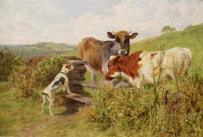 Lot 1159 - Charles Collins RBA (1851-1921) Cattle standing at a stile with a terrier, signed and dated...