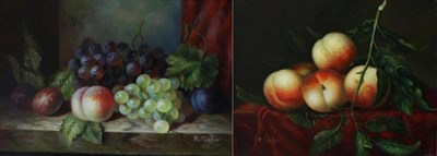 Lot 1165 - R Casper (20th/21st century) Still life with peaches on a ledge, signed, oil on board, together...