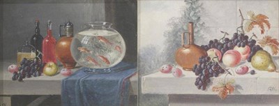 Lot 1168 - G. Webber (19th century) Still life with goldfish in a bowl and bottles on a ledge, signed with...