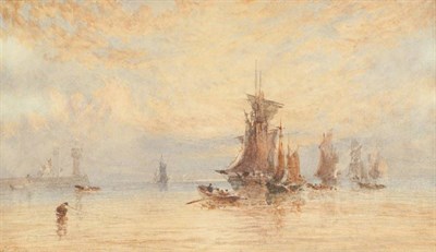 Lot 1173 - George Weatherill (1810-1890) Fishing boats approaching Whitby harbour at sunset, signed,...