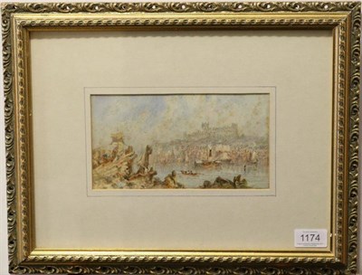 Lot 1174 - George Weatherill (1810-1890) Whitby Harbour and Abbey with rowing boat in the foreground,...