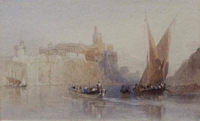 Lot 1175 - William Pearson (19th Century) Rowing boats before a cliff top town, initialled, watercolour...