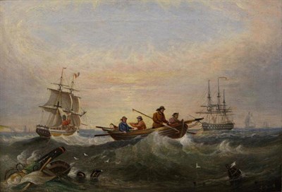 Lot 1178 - Attributed to John Scott (1802-1885) Rowing boat before other masted shipping vessels, signed,...