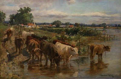 Lot 1188 - Joseph Denovan Adam (1842-1896) Scottish, Cattle watering in a summer landscape, signed, oil on...