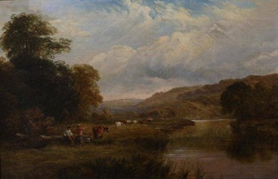 Lot 1190 - George Cole (1810-1883) Cattle and figures in a river landscape, signed and dated 1877, oil on...