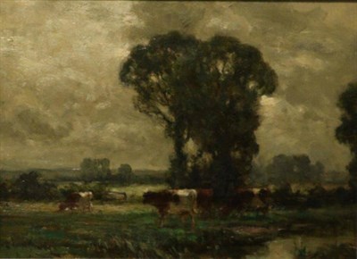 Lot 1191 - Owen Bowen (1873-1967) Cattle watering in an extensive landscape, signed, oil on panel, 27cm by...