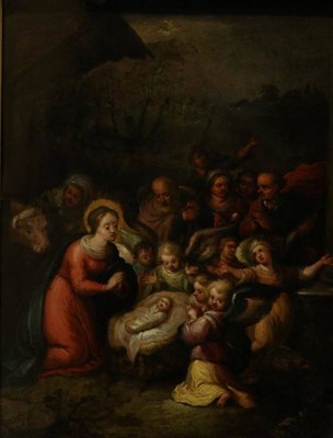 Lot 1198 - Follower of Frans Francken (1581-1642) Flemish, Adoration of Christ child, oil on metal, 29.5cm...