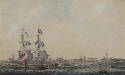 Lot 1202 - Attributed to Thomas Luny (1759-1837) ";A Frigate Approaching Harbour";, extensively inscribed...