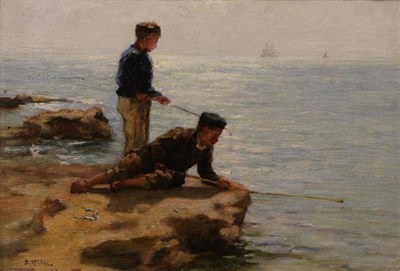 Lot 1208 - Joseph Milne (1857-1911) Scottish, Young fisher boys, signed and dated (18)83?, oil on canvas, 24cm