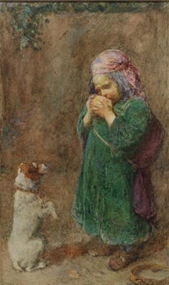 Lot 1210 - John Henry Henshall (1856-1928) Young boy drinking from a cup, a begging terrier at his feet,...