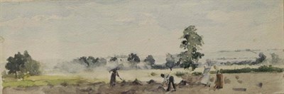 Lot 1213 - Albert Ludovici (19th/20th century) Figures working the land, signed, watercolour, 12.5cm by 35.5cm