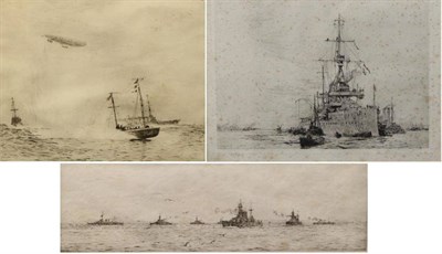 Lot 1216 - William Lionel Wyllie RA (1851-1931) A battleship and other sailing vessels in a busy estuary,...