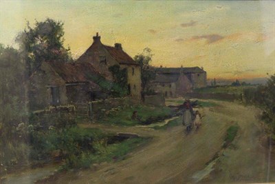 Lot 1218 - Attributed to Owen Bowen (1873-1967) Mother and child returning home on a country lane at dusk,...