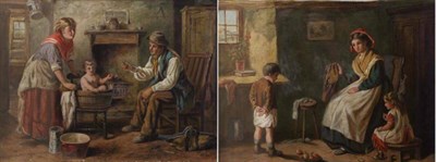 Lot 1219 - Manner of Daniel Maclise (1806-1870) A mother washing her children in a rustic interior;...