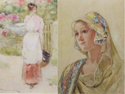 Lot 1221 - David Woodlock (1842-1929) A lady holding a bowl and pitcher in a Summer garden, signed,...