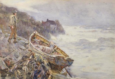 Lot 1222 - Frederick William Jackson RBA, NEAC (1859-1918) Figure looking out to sea from a rocky outcrop,...