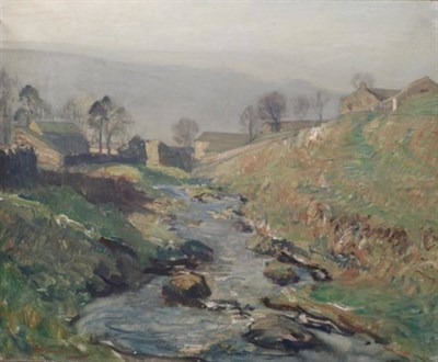 Lot 1224 - Reginald Grange Brundrit RA, ROI (1883-1960) River scene in Dales landscape, signed, signed on...