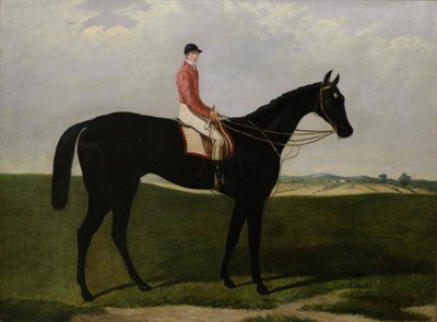 Lot 1228 - Manner of  Harry Hall (1814-1882) ";Musjid"; - Portrait of a jockey seated on a black...