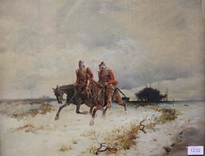 Lot 1232 - George Wright (1860-1942) Two roundheads on horseback galloping through a snow bound landscape,...