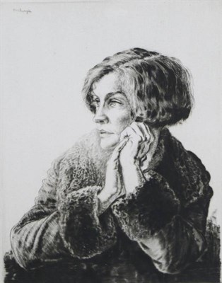 Lot 1238 - T Mackenzie (20th century) Portrait of a lady, half-length wearing a fur collared coat, gazing...