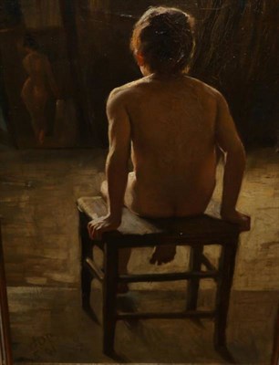 Lot 1243 - Slade School style (20th century) Young boy posing on a chair for life drawing, oil on canvas...