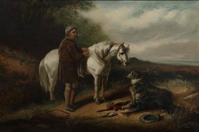 Lot 1250 - Circle of Clarence Roe (1878-1930) A gamekeeper on a track with a grey pony with dogs resting...