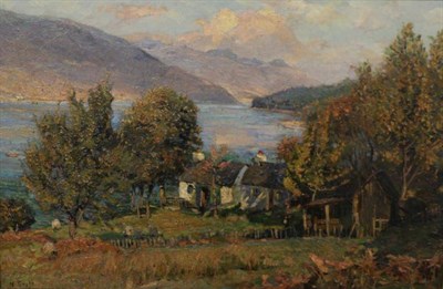 Lot 1253 - Herbert Royle (1870-1958) ";Loch Long"; - View of a loch with figure beside cottages and sheep...