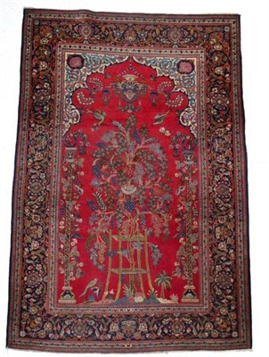 Lot 1363 - Kashan part silk prayer rug, Central Iran, circa 1930, the raspberry field with Tree of Life...