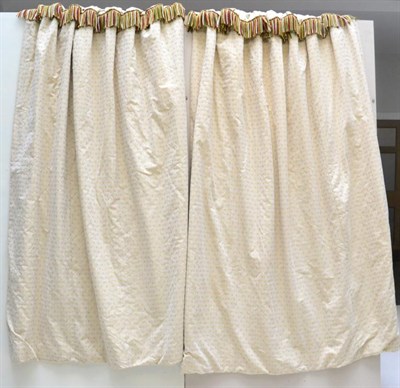 Lot 1392 - Quantity of modern champagne coloured fully lined curtains, embroidered with repeat pattern or gold